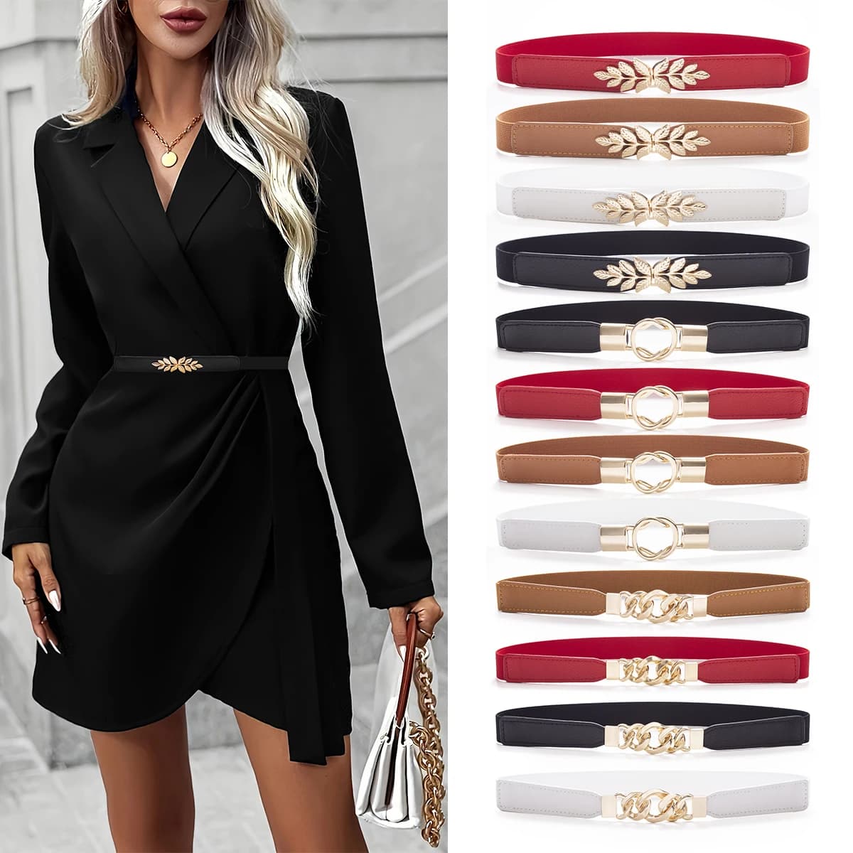 SISHION Summer Fashion Women Belts for Dress SH032 PU Leather Thin Elastic Waist Belt Slim Waistband Black Camel Coffee