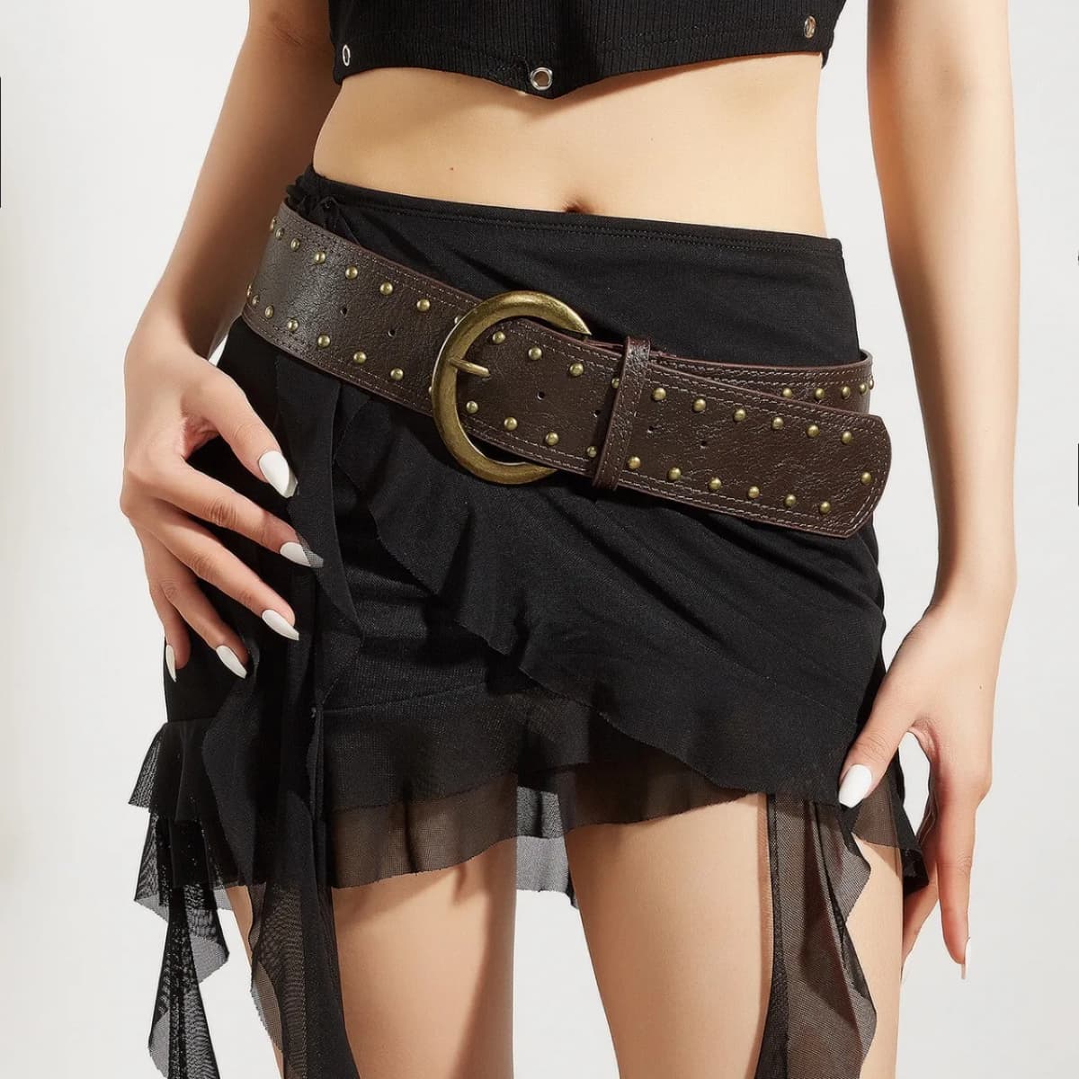 American Streetwear Rivet Wide Belt Women Vintage Metal Buckle Black/Brown Street Style Accessory