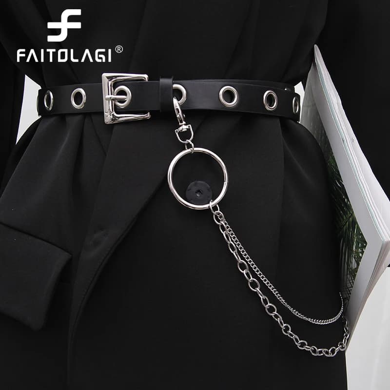 Men Women Punk Belt PU Leather Pin Buckle Jeans Strap Korean Full Hole Decorative Pants Chain Boys Girls Street Retro Waistband