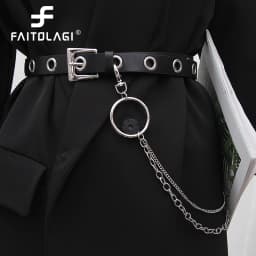 Men Women Punk Belt PU Leather Pin Buckle Jeans Strap Korean Full Hole Decorative Pants Chain Boys Girls Street Retro Waistband