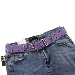 Women Studded Grommet Hole 2 Row Pin Buckle Canvas Nylon Belt Waistband