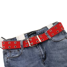 Women Studded Grommet Hole 2 Row Pin Buckle Canvas Nylon Belt Waistband