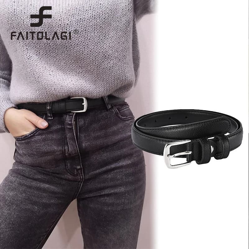 Black Wild Women Jeans Thin Belt Simple Silver Pin Buckle Pants Belts Female PU Leather Waist Strap Youth Students Waistband