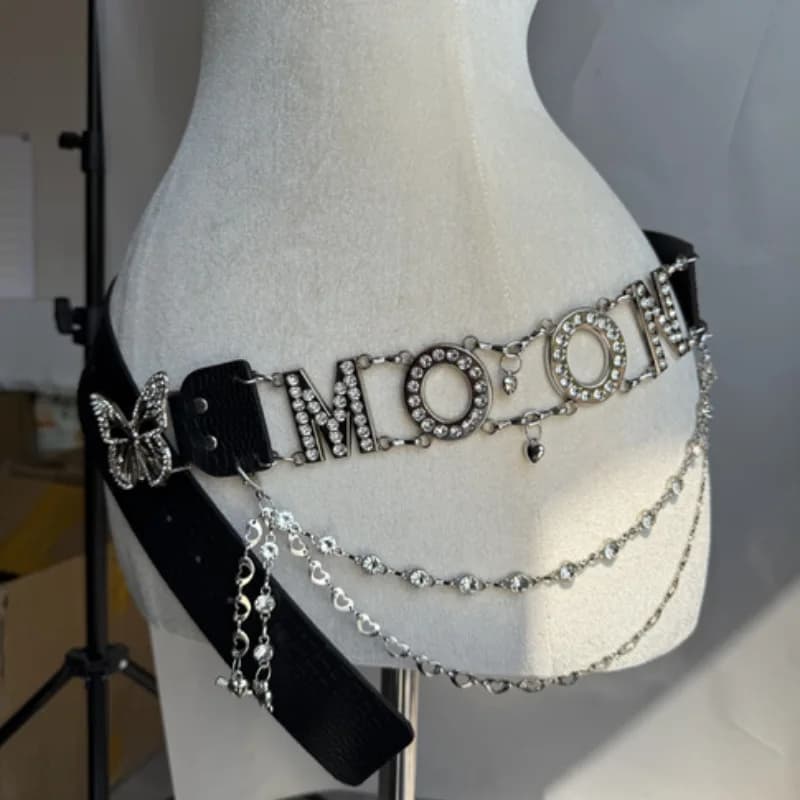 New Personalised Y2k Letter Fashion Belt Chain Rhinestone Pu Butterfly Decoration Belt Nightclub Hottie Premium Sexy Belt