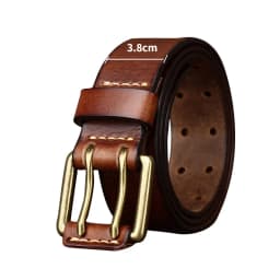 Men's Leather Belt 3.8cm*105-125cm Double Pin Buckle Belts Top Layer Cowhide Genuine Vintage Copper Decor Jeans Male Waistband