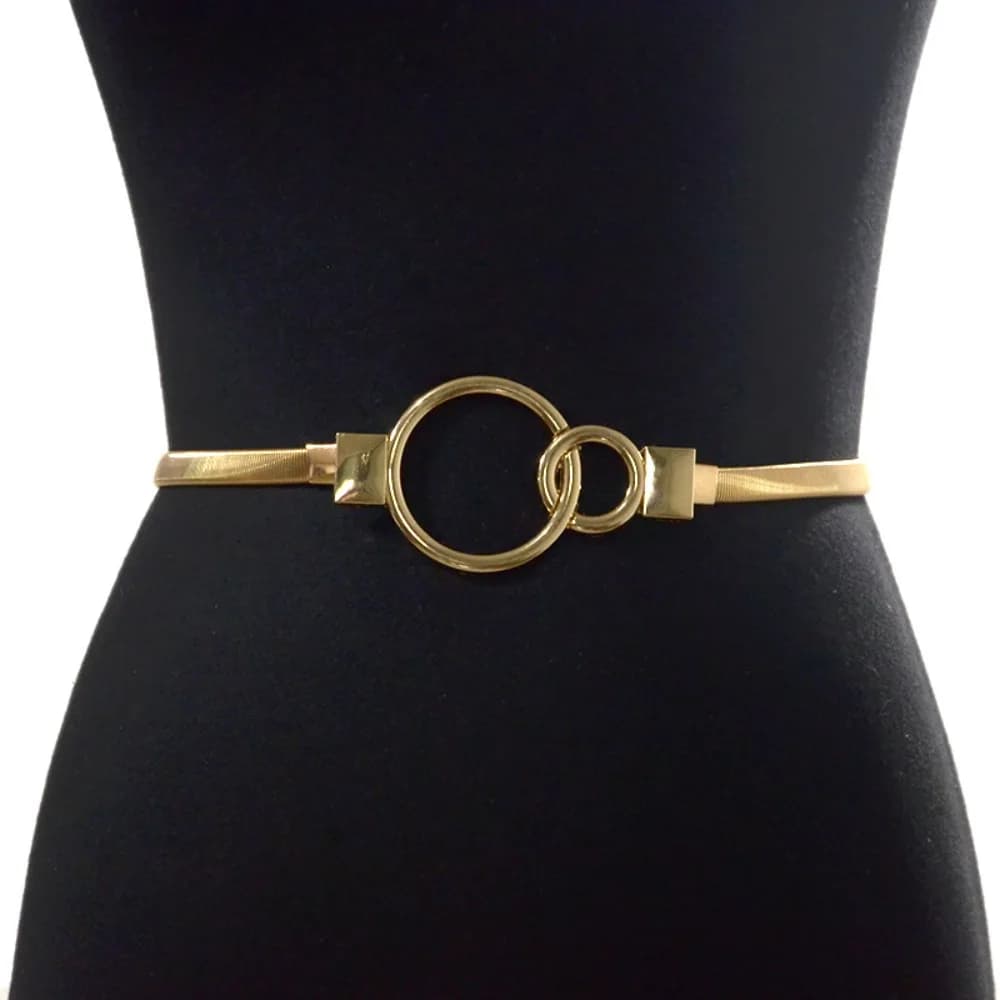 Fashion Metal Elastic Belt for Dresses Thin Waistband Stretch Skinny Round Leaf Buckle Waist Band Ladies Dress Cummerbands New