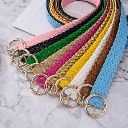 New Fashion Women Braided Bright Colors Belts Circular Gold Buckle Ladies Waist Ornament No Holes All Matching