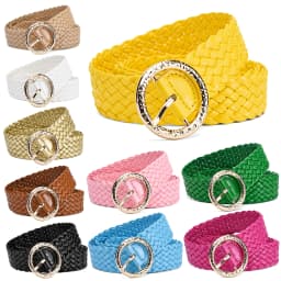 New Fashion Women Braided Bright Colors Belts Circular Gold Buckle Ladies Waist Ornament No Holes All Matching