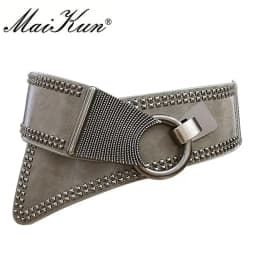 Maikun Fashion Punk Rocker Wide Belts for Women Elastic Wide European Style Women Belts Metal Round Buckle