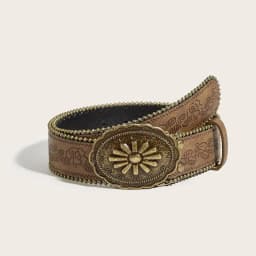 〔Funny〕Vintage Carved Buckle PU Wide Belts Boho Brown Embossed Waistband Western Jeans Pants Belt