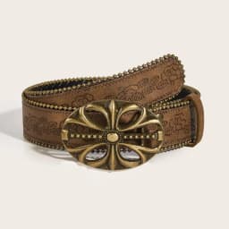 〔Funny〕Vintage Carved Buckle PU Wide Belts Boho Brown Embossed Waistband Western Jeans Pants Belt
