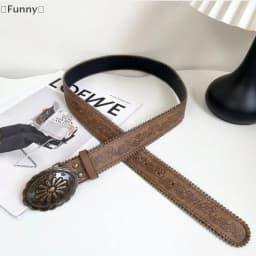 〔Funny〕Vintage Carved Buckle PU Wide Belts Boho Brown Embossed Waistband Western Jeans Pants Belt