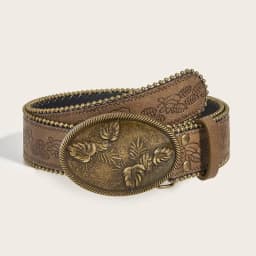 〔Funny〕Vintage Carved Buckle PU Wide Belts Boho Brown Embossed Waistband Western Jeans Pants Belt