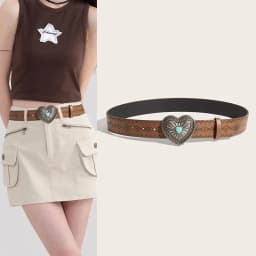 〔Funny〕Vintage Carved Buckle PU Wide Belts Boho Brown Embossed Waistband Western Jeans Pants Belt