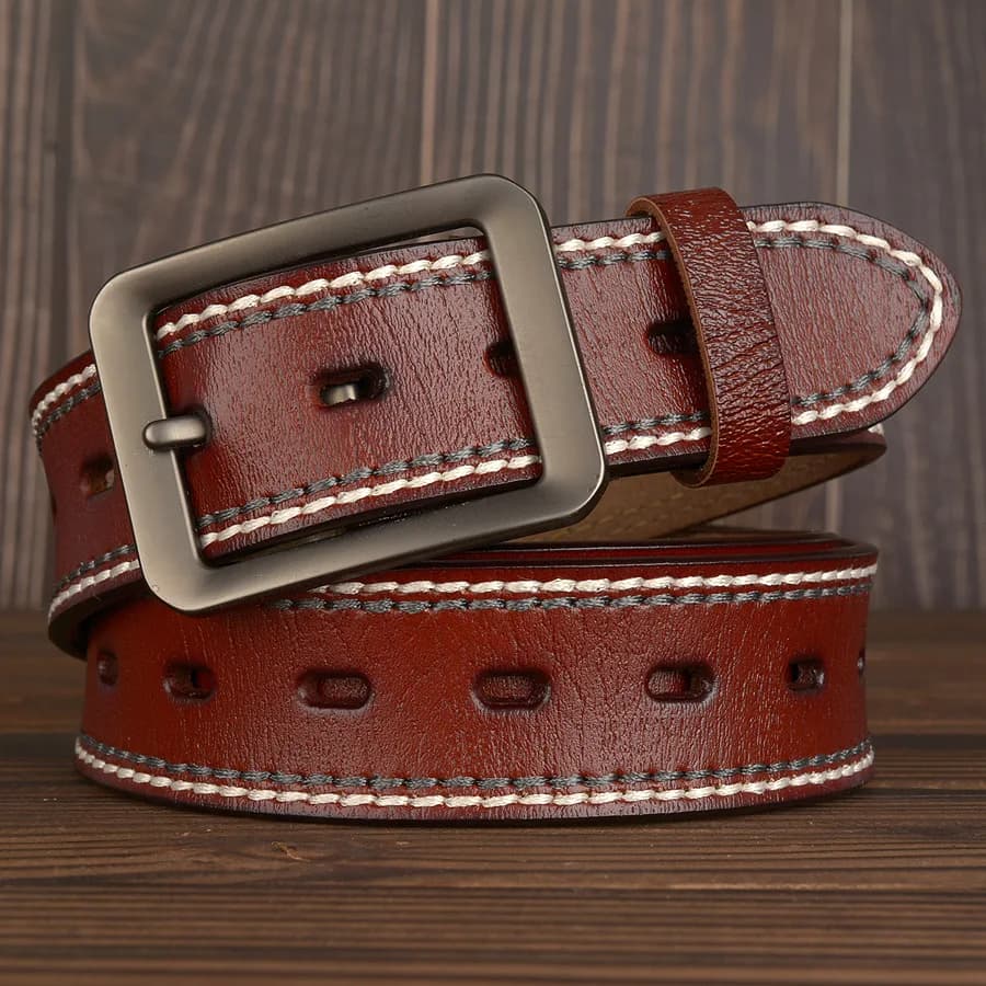 3.8CM Fashion Men Belts Genuine Leather Luxury Designer Vintage Thread Waist Belt For Jeans Cinturon Cowboy Hombre Dropshipping