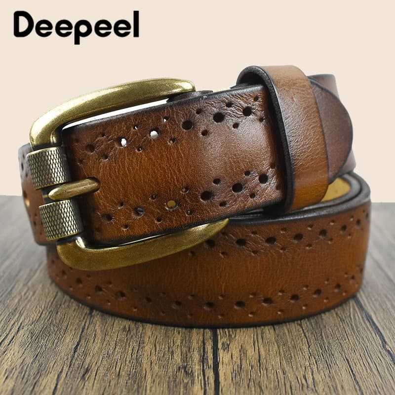 Deepeel 3.8cm Wide New 105-125cm Male Retro Genuine Leather Belt Hollow Top Layer Cowhide Pin Buckle Belts Men's Jeans Waistband