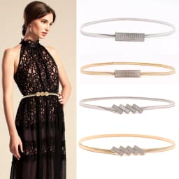 New Silver Gold Metal Belt Double Ring Imitate Rhinestone Lady Waist Belt Dress Suits Elastic Thin Slim Women Belts Waistband