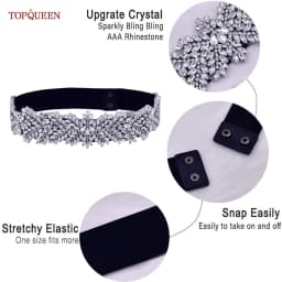 TOPQUEEN S420-B Women Black Fashion Elastic Wide Belts Silver Rhinestone Handmade Beaded Sash Dress Accessories Luxury Sparkly