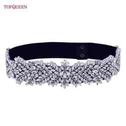 TOPQUEEN S420-B Women Black Fashion Elastic Wide Belts Silver Rhinestone Handmade Beaded Sash Dress Accessories Luxury Sparkly