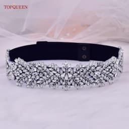 TOPQUEEN S420-B Women Black Fashion Elastic Wide Belts Silver Rhinestone Handmade Beaded Sash Dress Accessories Luxury Sparkly