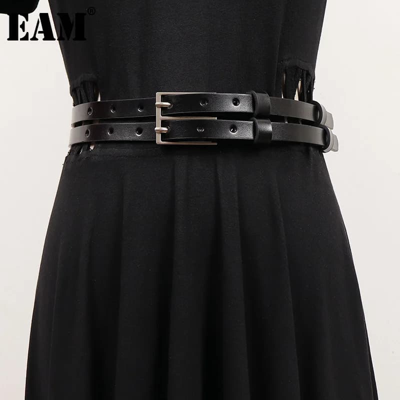 [EAM] Pu Leather Black Double Layers Long Wide Belt Personality Women New Fashion Tide All-match Spring Autumn 2026 1DH8721