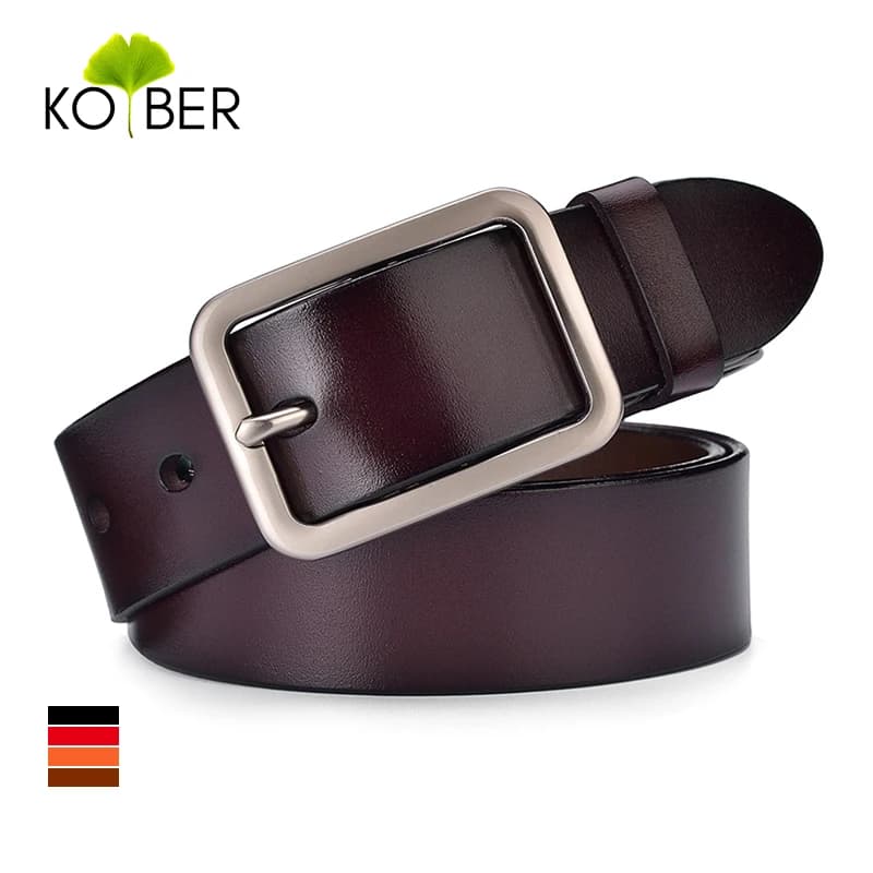 KOLBER 3.3cm Women's Leather Belt Metal Silver Buckle Trouser Belt for Women Natural Cowhide Brown Casual Belt Female Waistband