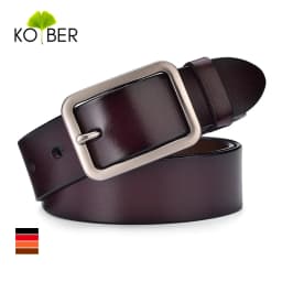 KOLBER 3.3cm Women's Leather Belt Metal Silver Buckle Trouser Belt for Women Natural Cowhide Brown Casual Belt Female Waistband