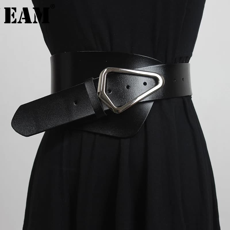 [EAM]  Irregular Genuine Leather Wide Multicolor Belt Personality Women New Fashion Tide All-match Spring Autumn 2026 1DD3996