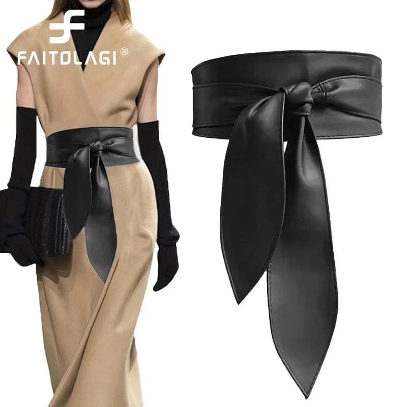 Fashion Knot Tie Waistband Black PU Leather Women Wide Belt For Coat Dress Decorative Girdles Strap Without Holes Female Belts