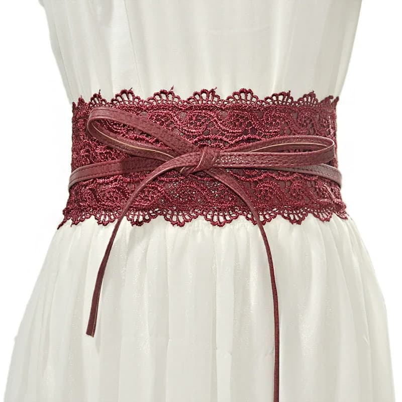 Women Bow Lace Wide Girdle Corset PU Leather Belt Red Black White Gray Wine Wedding Dress Skirt Decorative Waistband