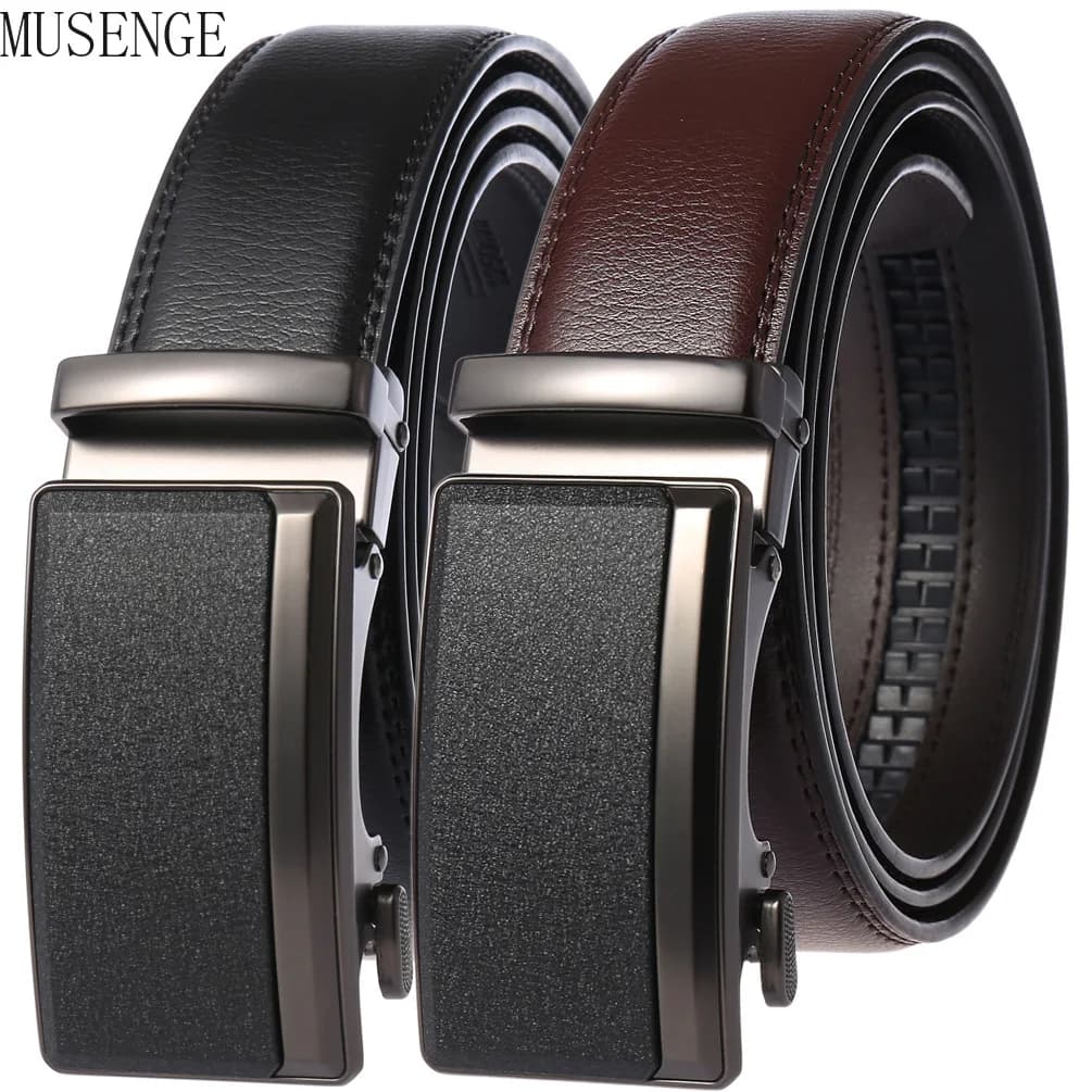 Men's Belts Cowhide High Quality Metal Auto Buckle Gray Business Waist Strap Male Brown Ratchet Belt For Men Leather Straps