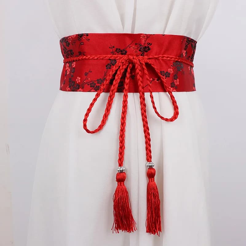 Vintage Floral Embroidered Waistband for Women Elegant Chinese Style Bow Tie Wrap Around Belt with Tassels for Dress Clothing