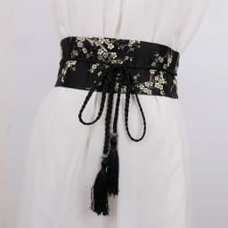 Vintage Floral Embroidered Waistband for Women Elegant Chinese Style Bow Tie Wrap Around Belt with Tassels for Dress Clothing