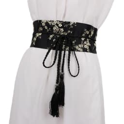 Vintage Floral Embroidered Waistband for Women Elegant Chinese Style Bow Tie Wrap Around Belt with Tassels for Dress Clothing