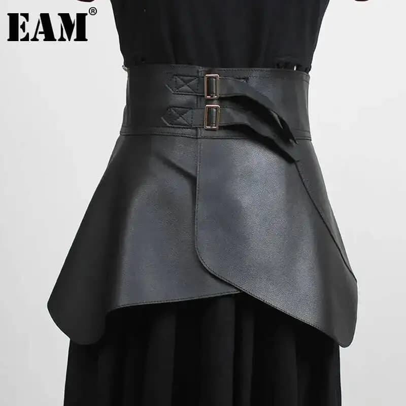 EAM Retro Ruffles Irregular Black Pu Leather Wide Belt Personality Women New Fashion All-match Spring Autumn 2026 1DD4844