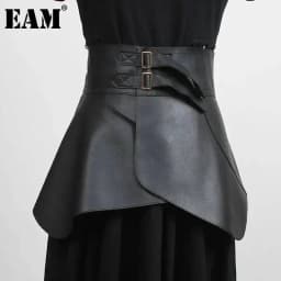 EAM Retro Ruffles Irregular Black Pu Leather Wide Belt Personality Women New Fashion All-match Spring Autumn 2026 1DD4844