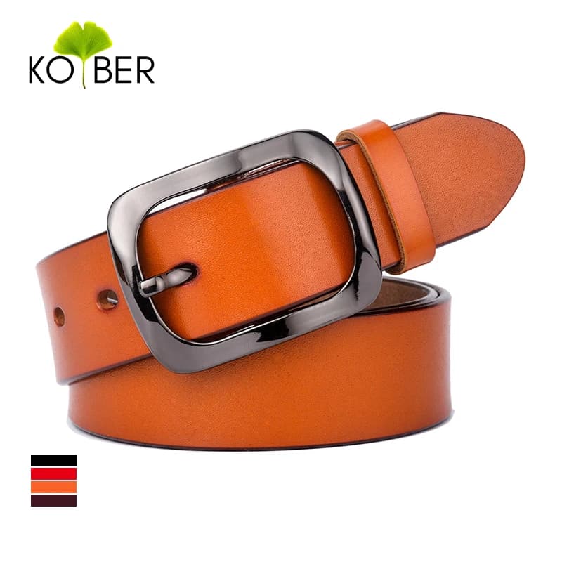 KOLBER 3.3cm Women's Leather Belt Natural Cowhide Trouser Belt for Female Metal Buckle Jeans Casual Red Belt Girdle Waistband