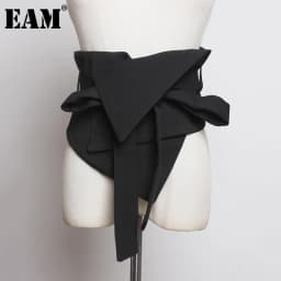 [EAM] Black Cloth Asymmetrical Bow Bandage Wide Belt Personality Women New Fashion Tide All-match Spring Autumn 2026 1A778