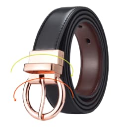 Women‘s Reversible Leather Belt Waist Strap Jeans Dress with Rose Gold And Black Rotate Buckle
