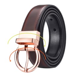 Women‘s Reversible Leather Belt Waist Strap Jeans Dress with Rose Gold And Black Rotate Buckle