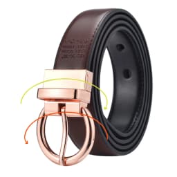 Women‘s Reversible Leather Belt Waist Strap Jeans Dress with Rose Gold And Black Rotate Buckle