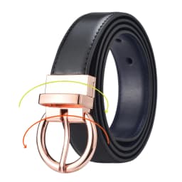 Women‘s Reversible Leather Belt Waist Strap Jeans Dress with Rose Gold And Black Rotate Buckle