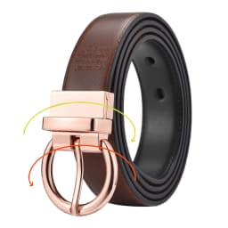 Women‘s Reversible Leather Belt Waist Strap Jeans Dress with Rose Gold And Black Rotate Buckle
