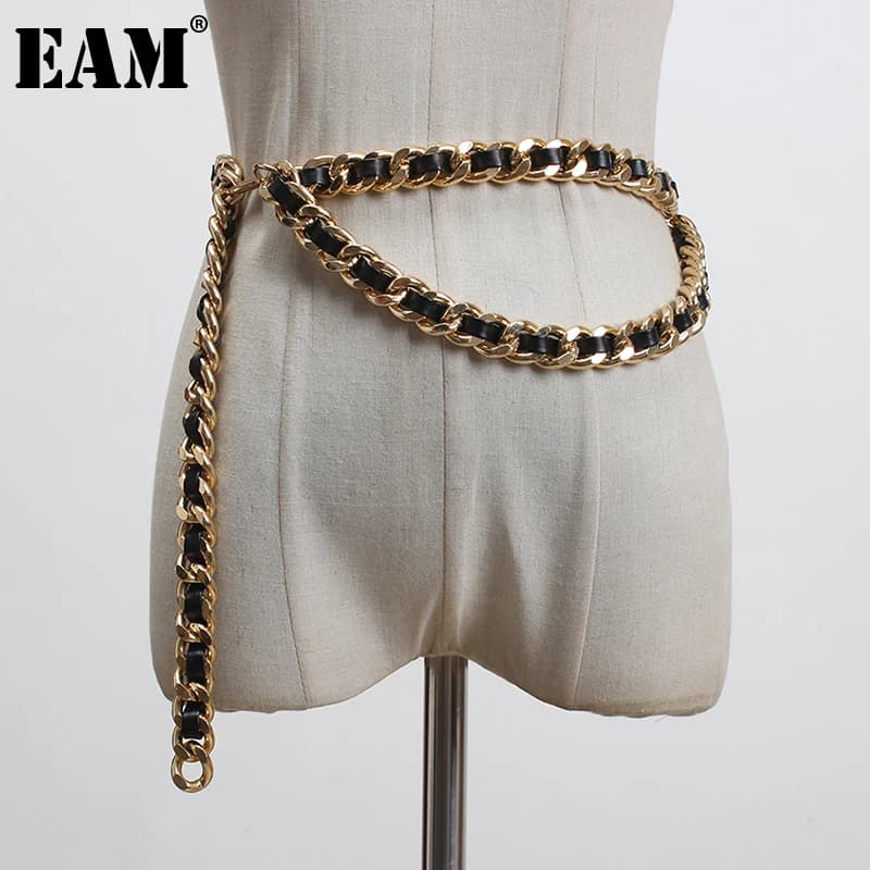 [EAM]  Pu Leather Black Metal Chain Split Joint Long Belt Personality Women New Fashion Tide All-match Spring 2026 1T186