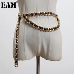 [EAM]  Pu Leather Black Metal Chain Split Joint Long Belt Personality Women New Fashion Tide All-match Spring 2026 1T186