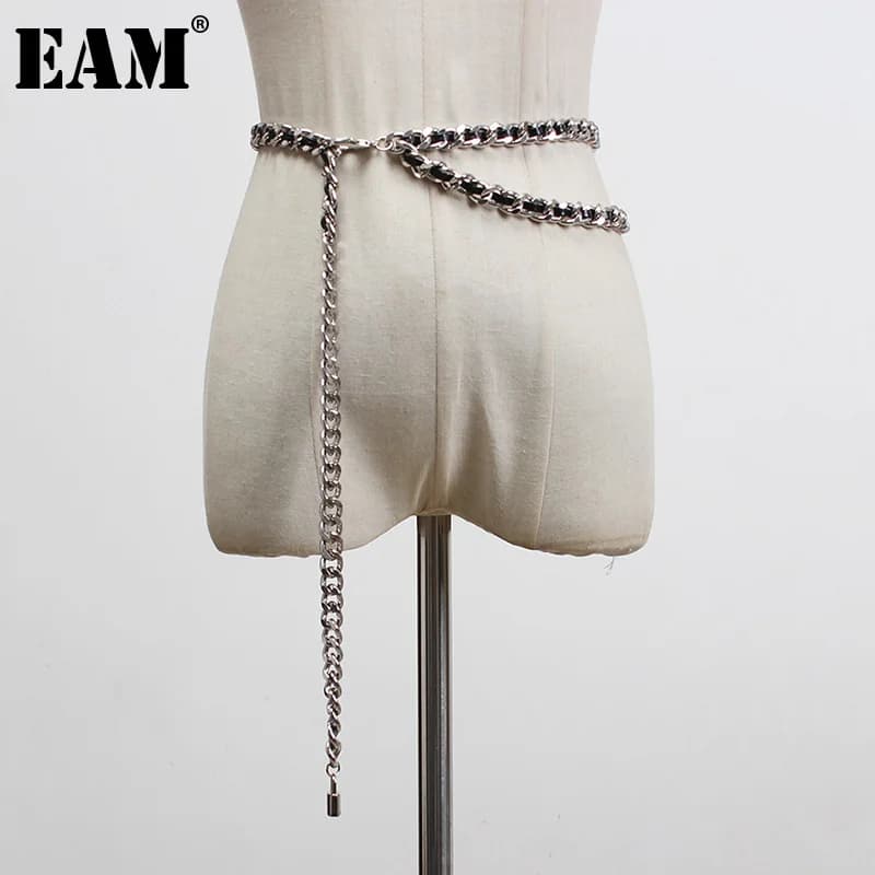 [EAM] Pu Leather Black Metal Chain Long Elegant Belt Personality Women New Fashion Tide All-match Spring Autumn 2026 1U26708