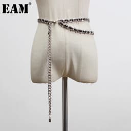 [EAM] Pu Leather Black Metal Chain Long Elegant Belt Personality Women New Fashion Tide All-match Spring Autumn 2026 1U26708