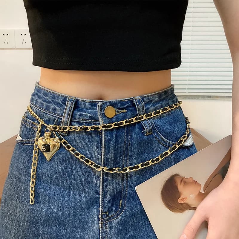 Fashion Metal Waist Chains Women Thin Belts Double Layer Love Tassel Pendants Waistband Dress Clothes Decorative Girdles Straps