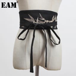 [EAM]  Black Embroidery Bandage Split Long Wide Belt Personality Women New Fashion Tide All-match Spring Autumn 2026 1Y820