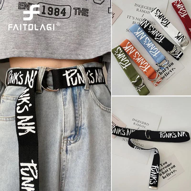 Korean Letter Canvas Belt Student Harajuku Pant Strap Double D-Ring Buckle Casual Unisex Waistband For Jeans Tactical Belts